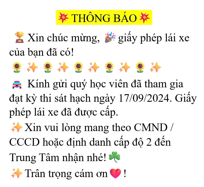 Giấy phép lái xe thi sát hạch ngày 17.09.2024